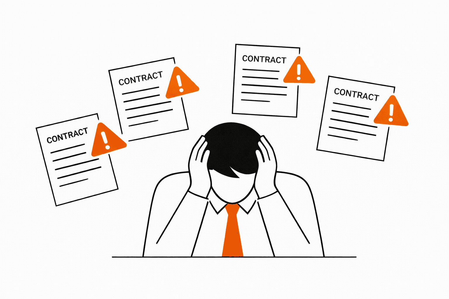 Stressed business person surrounded by contract documents with warning signs