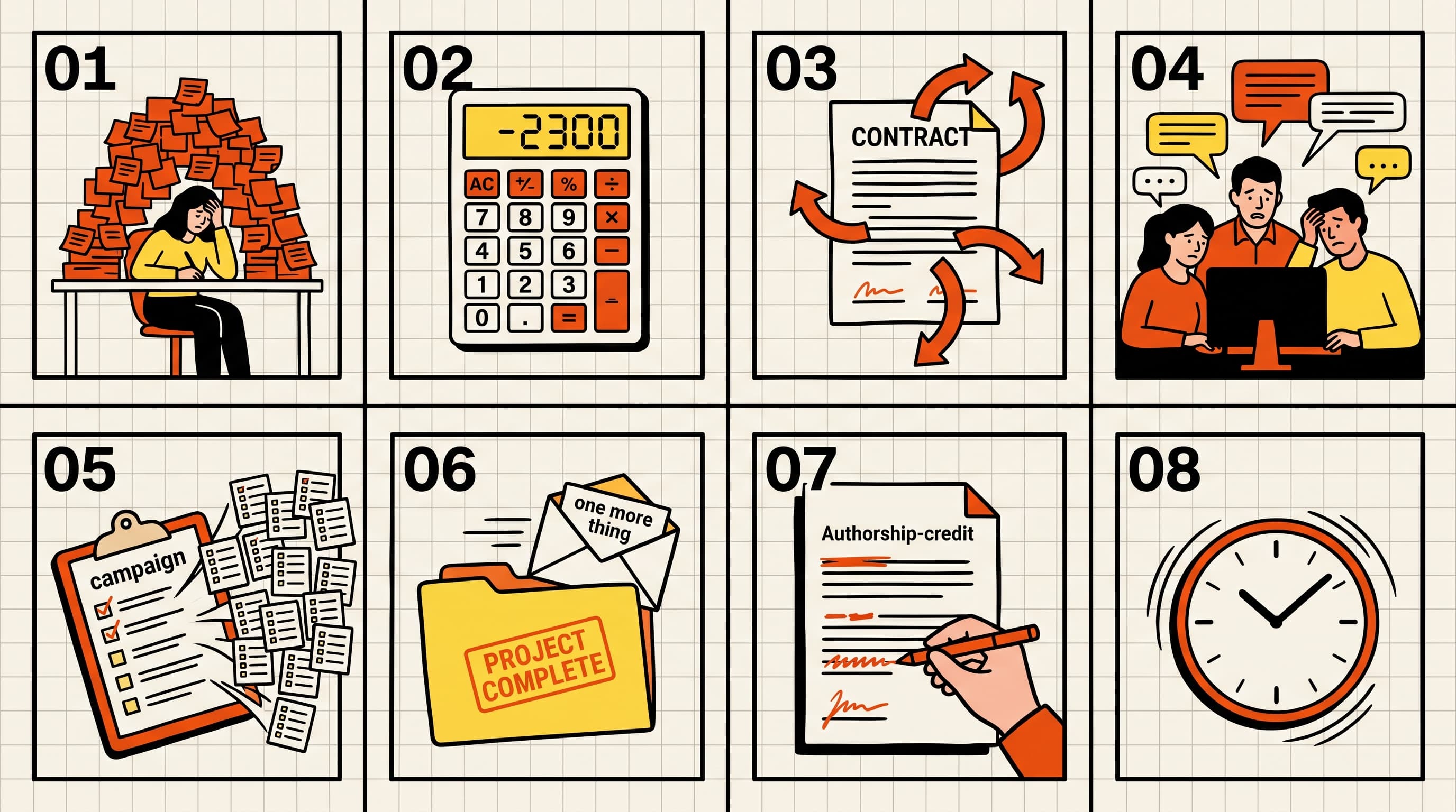 2x4 grid of eight numbered scope-creep story vignettes in editorial neobrutalist illustration style